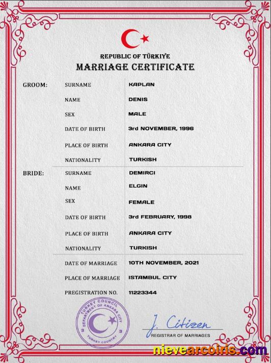 Turkey marriage certificate